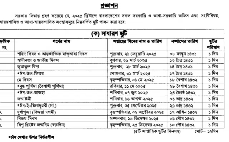 ২০২৫ খ্রিষ্টাব্দের ছুটির তালিকার প্রজ্ঞাপন